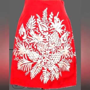 Bohemian holoday Orange/red mini  skirt with white embroidered detail